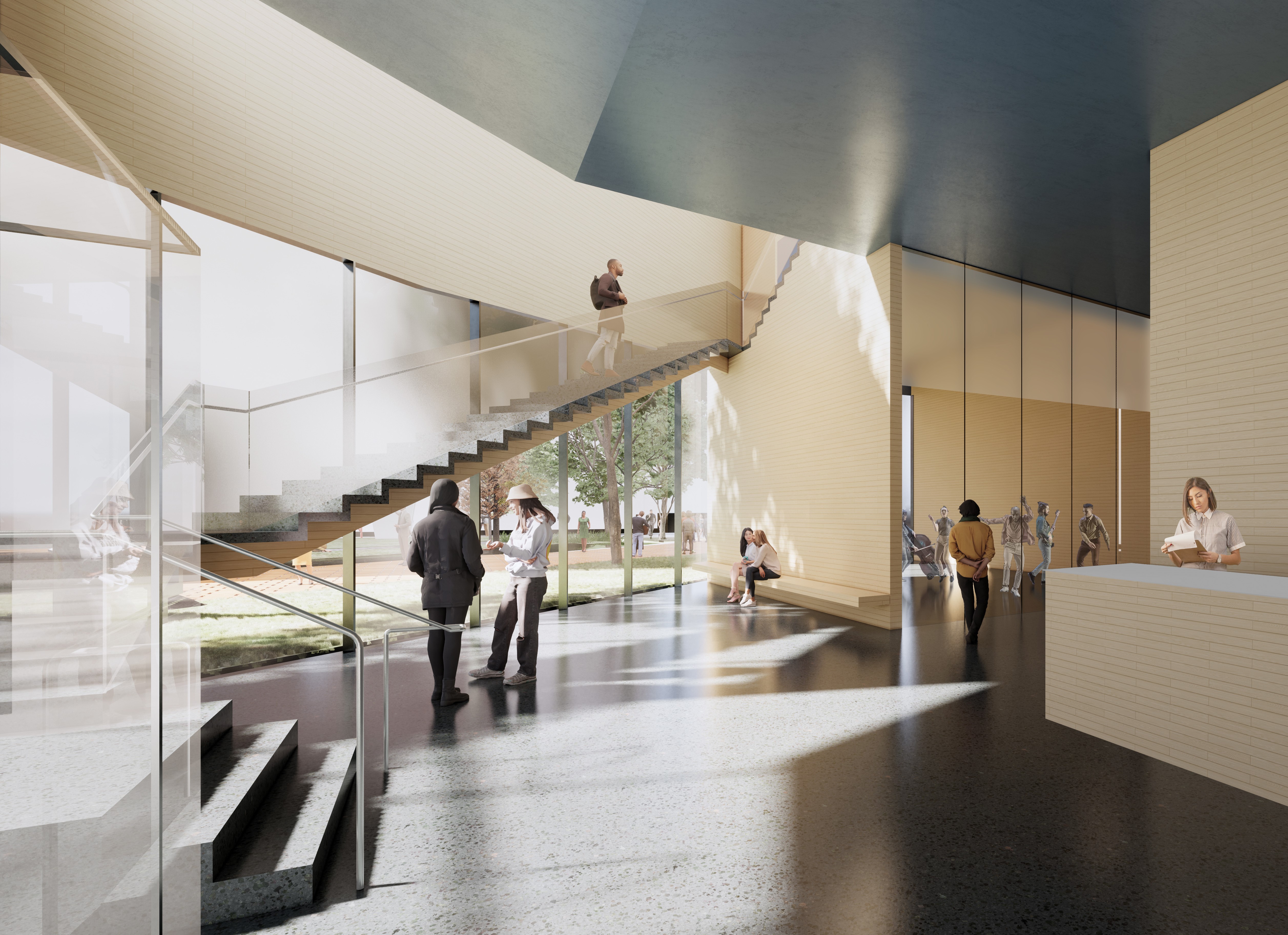 Architects rending of the lobby of the new Student Performing Arts Center at the University of Pennsylvania.