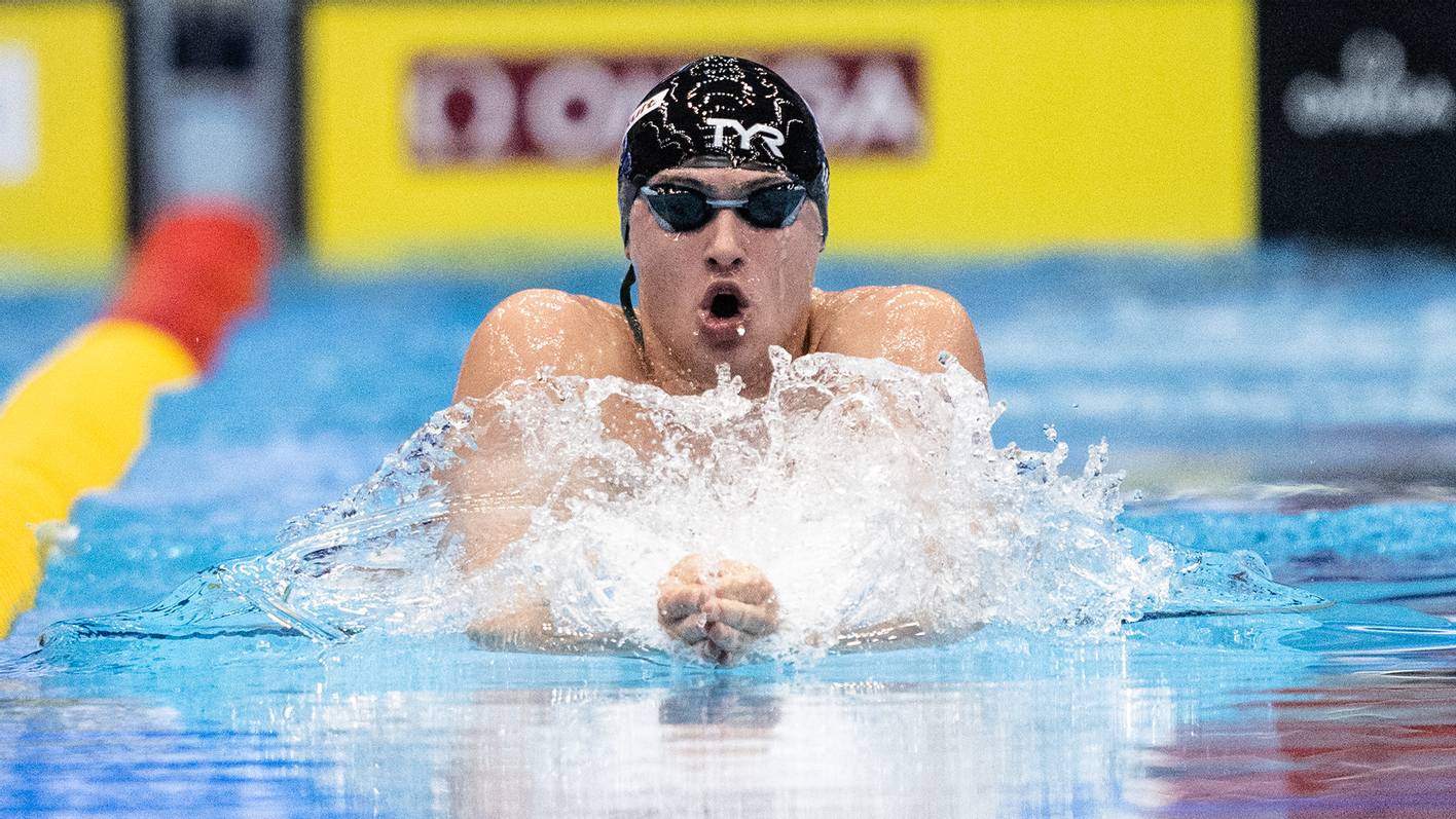 Matt Fallon does the breast stroke during a race at the World Championships.