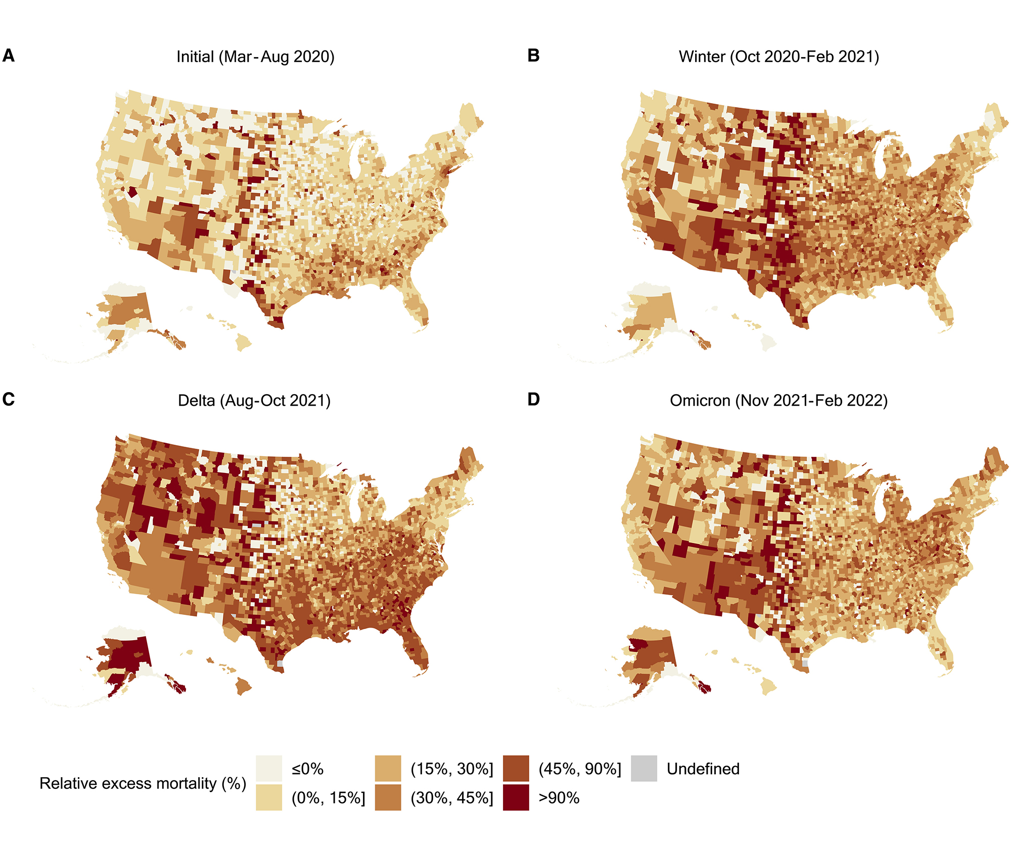 Four maps of the U.S. indicating excess mortality by county.