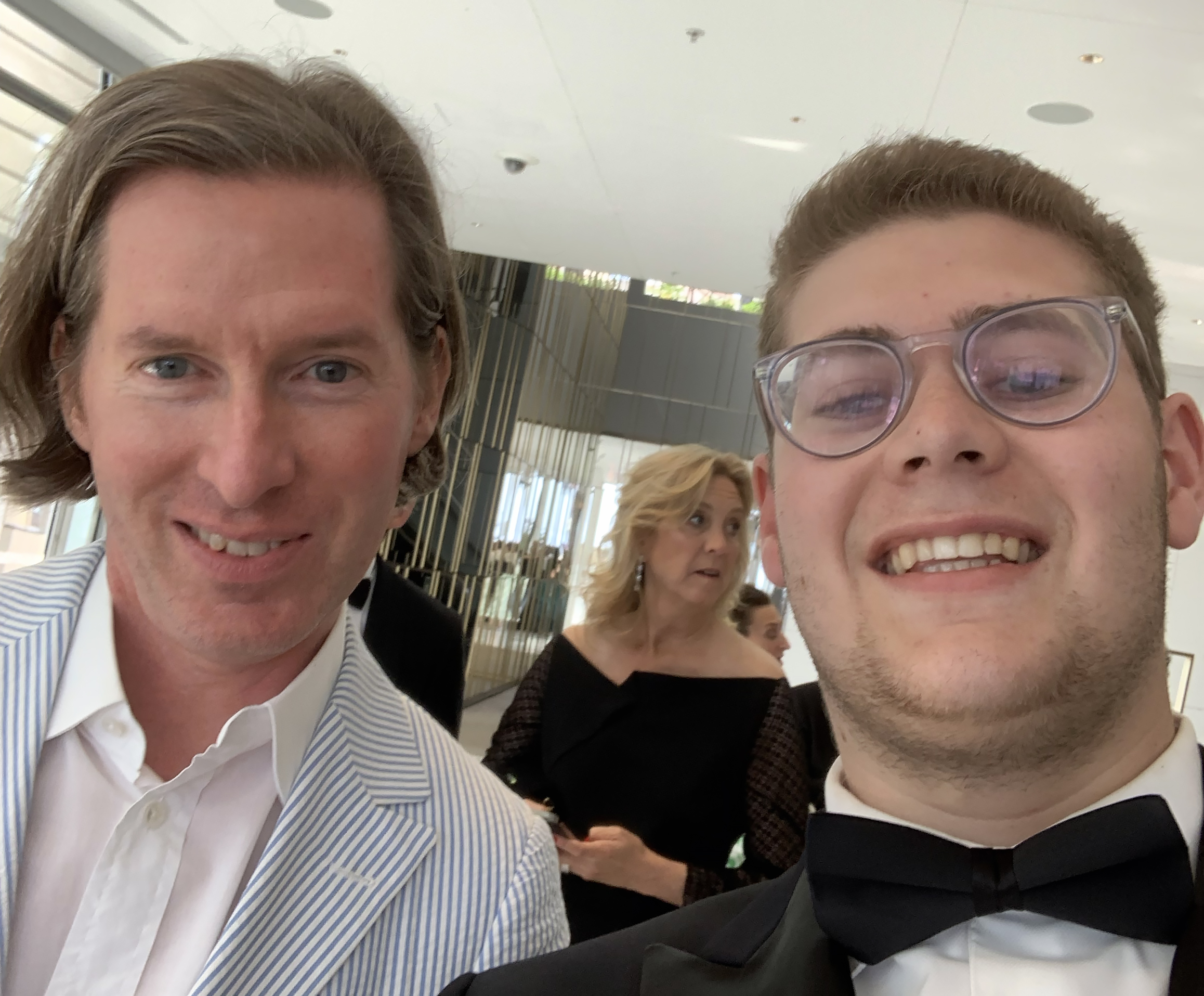 Director Wes Anderson and Penn student Jacob Pollack in a selfie in a hotel lobby