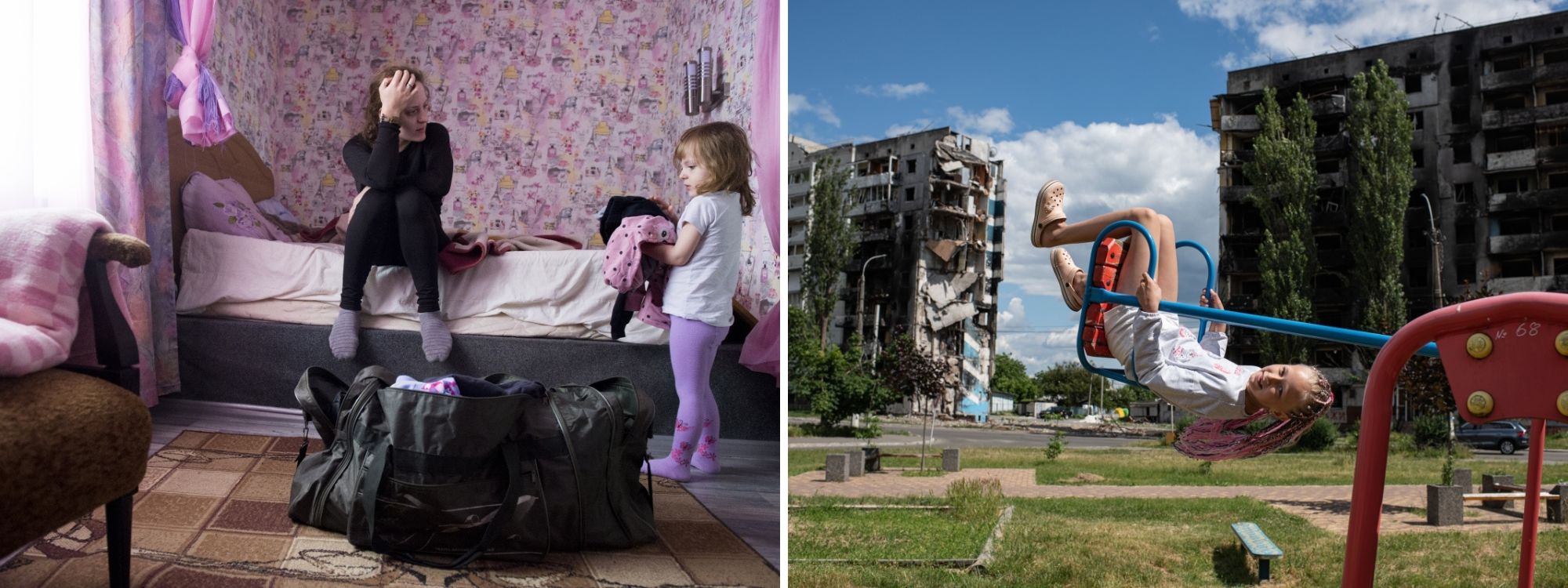 Left: A soldier and their daughter packing a bag in the child’s bedroom. Right: a child on a swing in a park with destroyed buildings in the background.