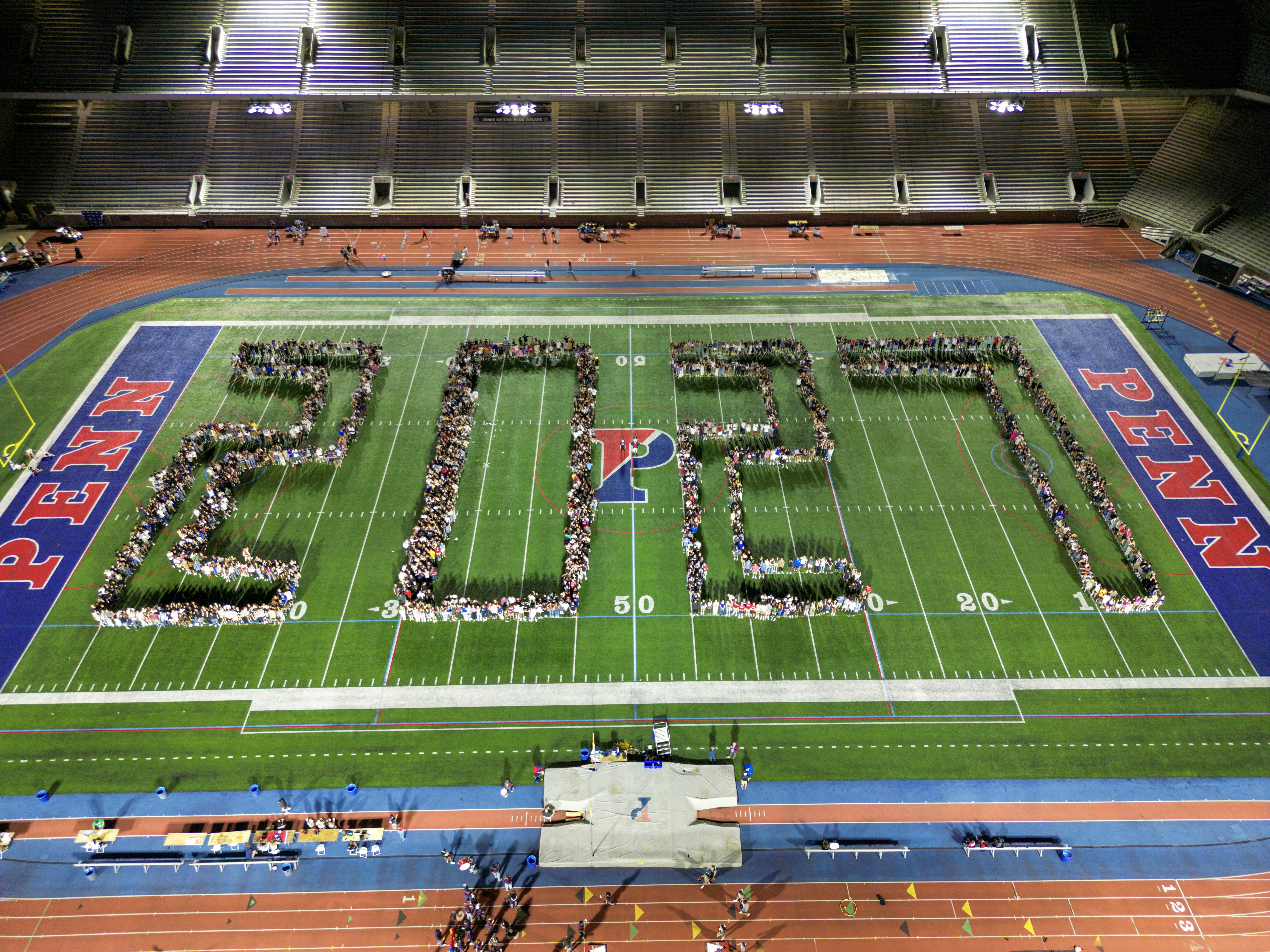 Class of 2027 spelled out in students on Franklin Field