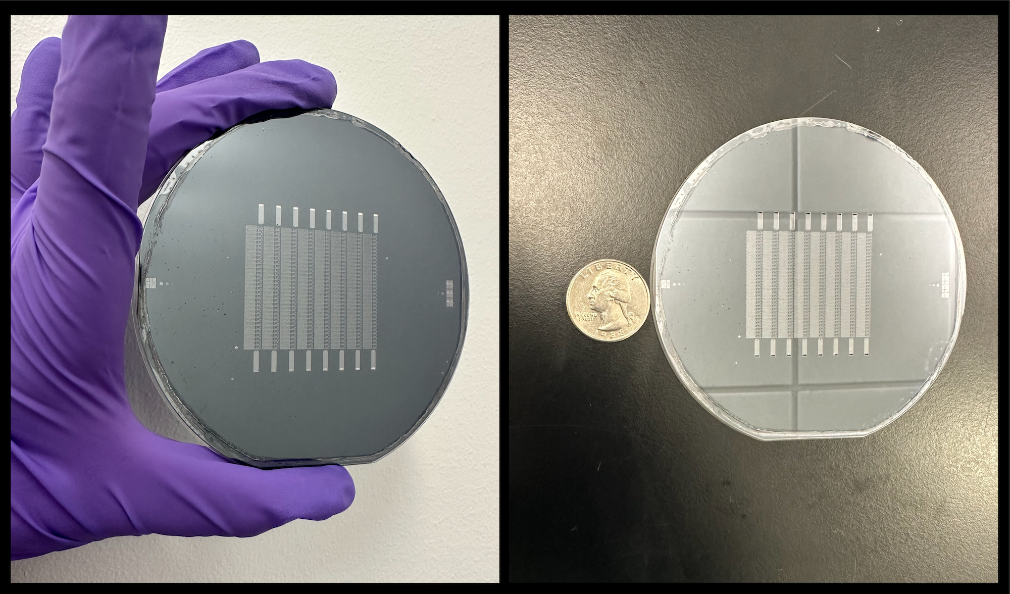 Side by side images of silicon and glass microfluidic wafer.