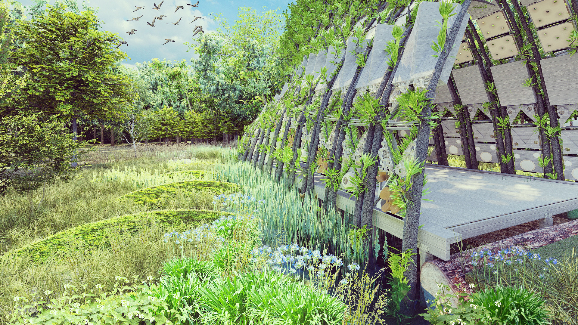 Rendering of a natural environment with a built structure.
