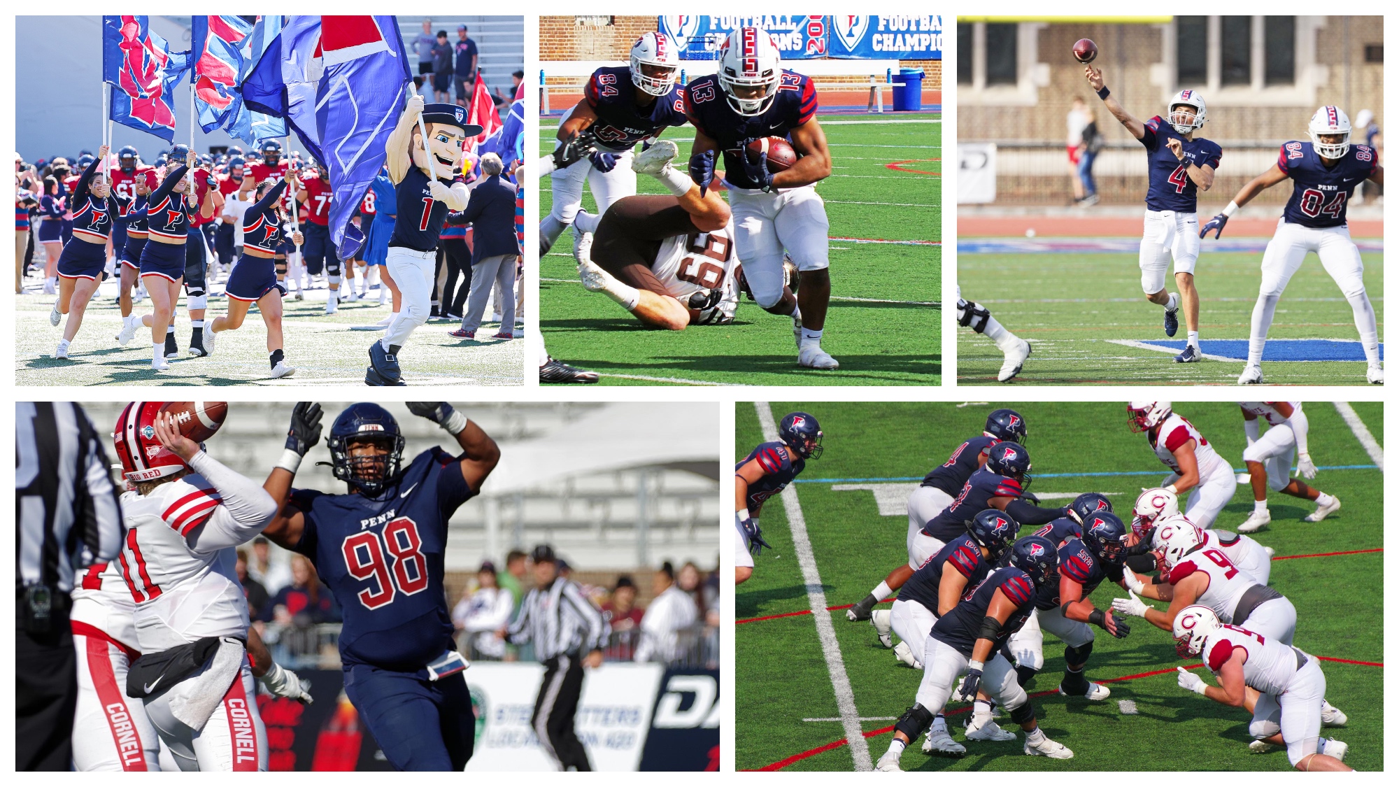 A grid shows the Penn Quaker and cheerleaders running onto the field with a flag and Penn football players running, throwing, blocking, and rushing the quarterback.