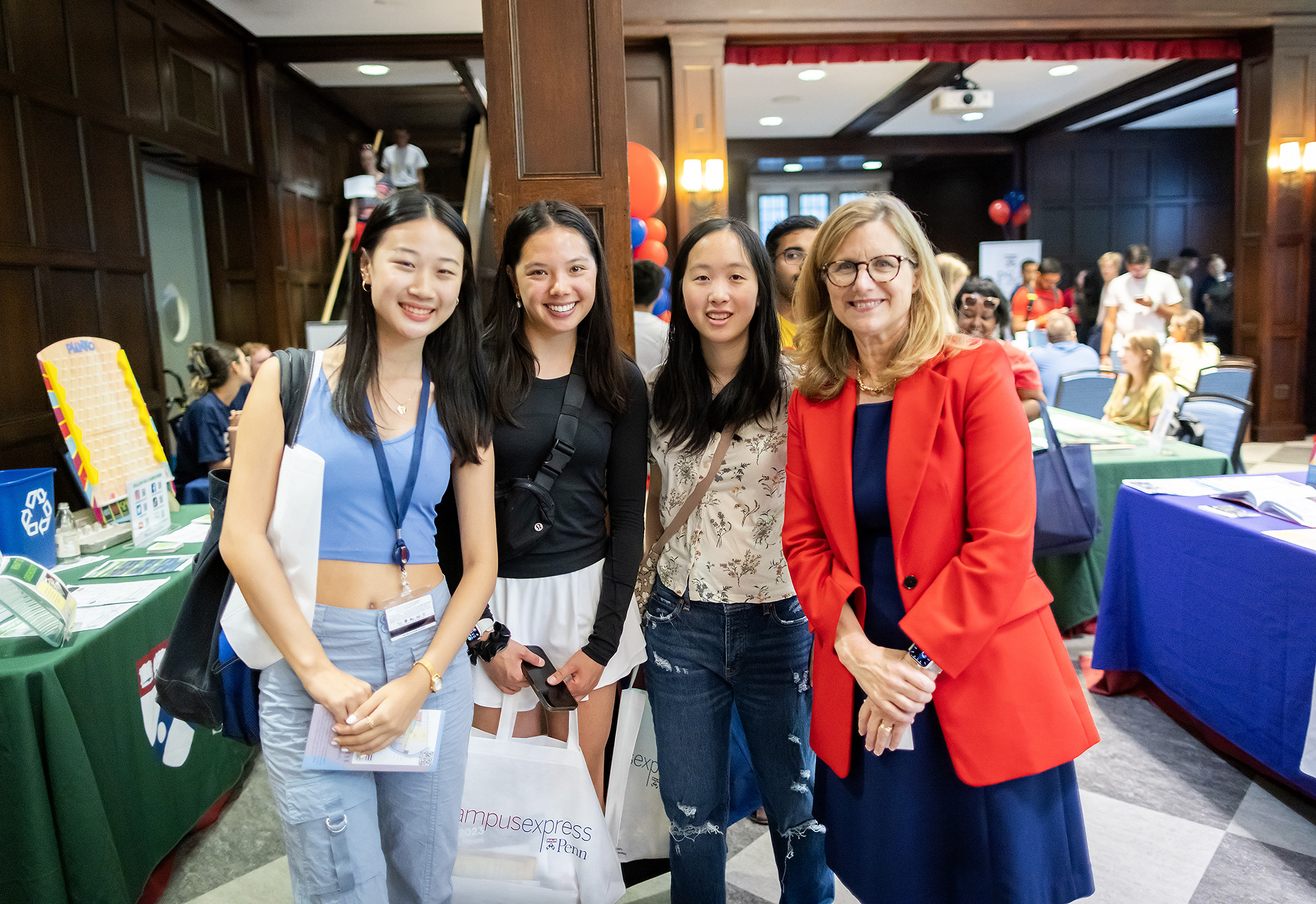 penn president liz magill with students in houston hall