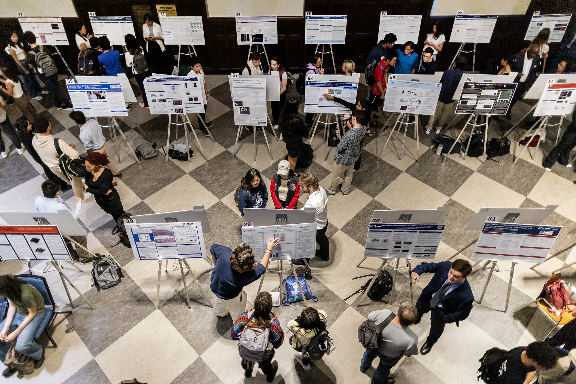 An overhead view of students presenting their posters at the CURF poster expo.