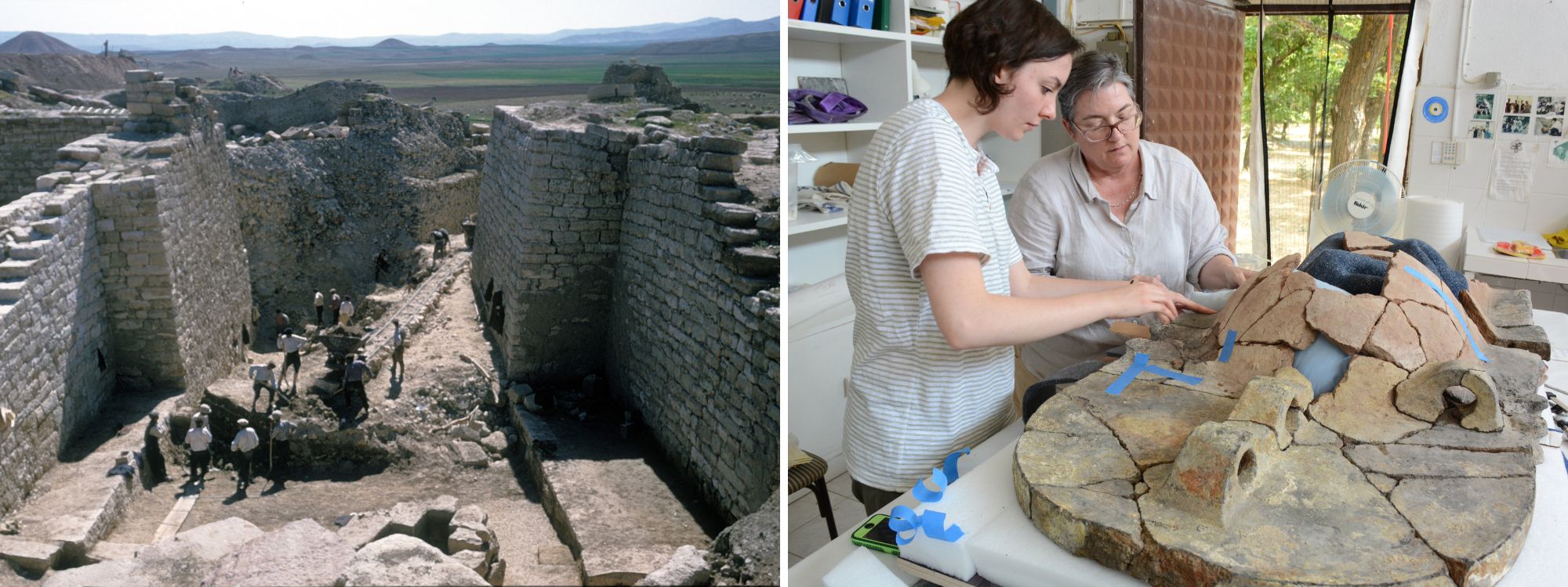 Left: The Gordion excavation site. Right: Two archaeologists examining an ancient piece of pottery.