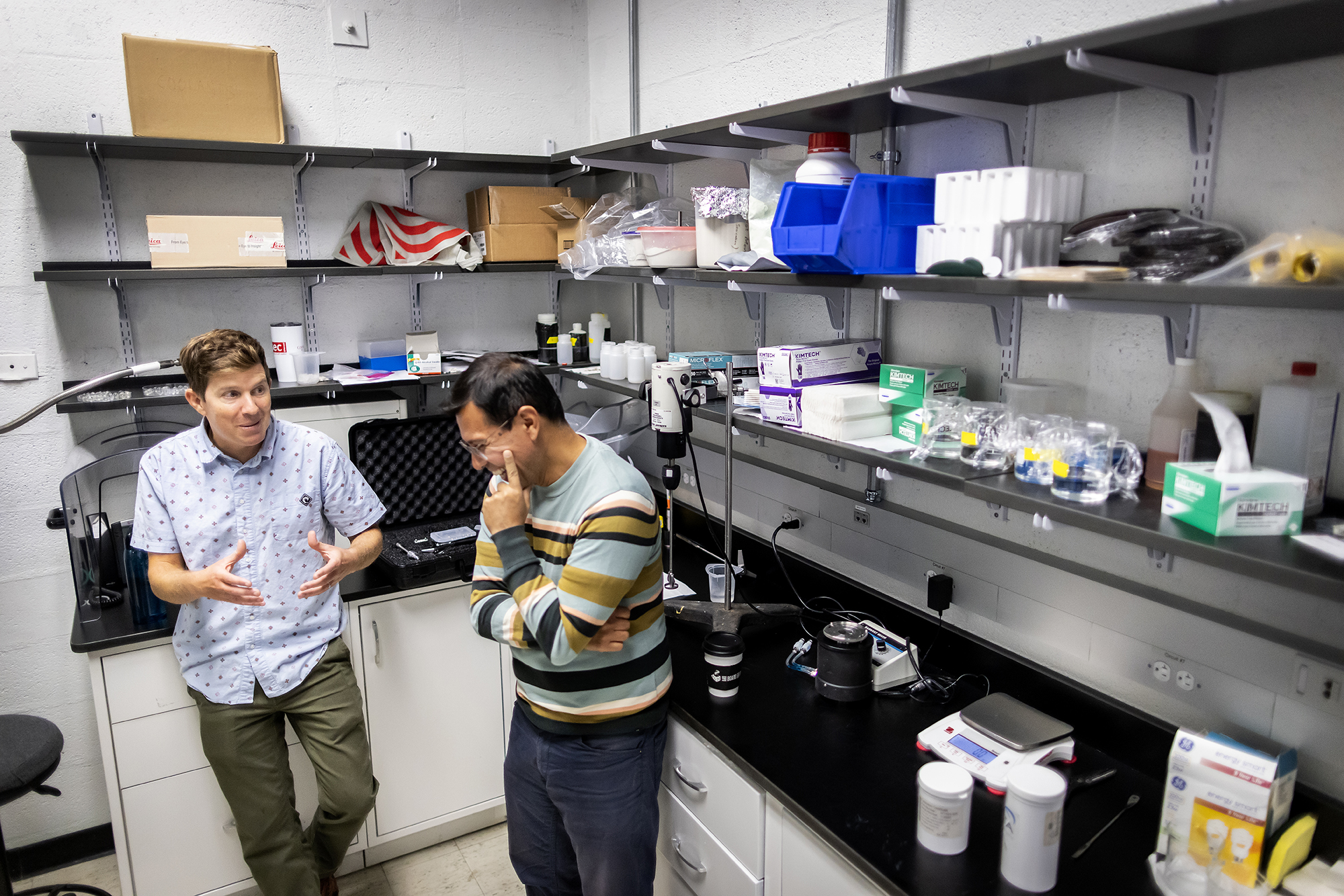 Douglas Jerolmack and Paulo Arratia pose for photo in their lab.