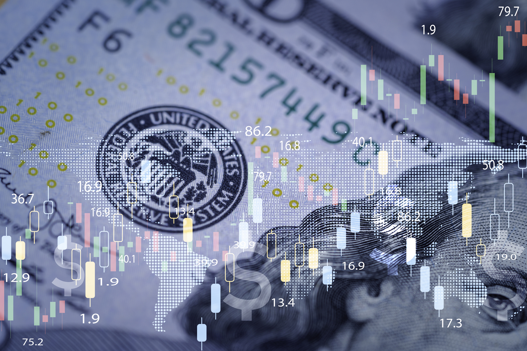 Closeup Benjamin Franklin face on USD banknote with stock market chart graph for currency exchange and global trade forex concept.