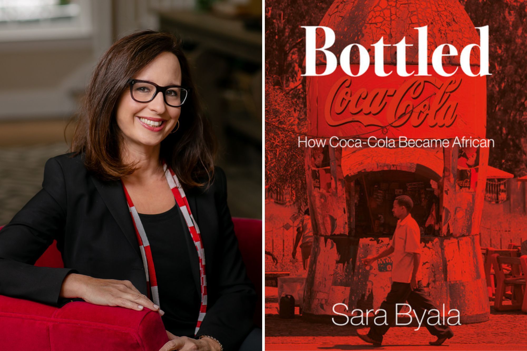 Sara Byala portrait and book cover for Bottled How Coca-Cola Became African by Sara Byala