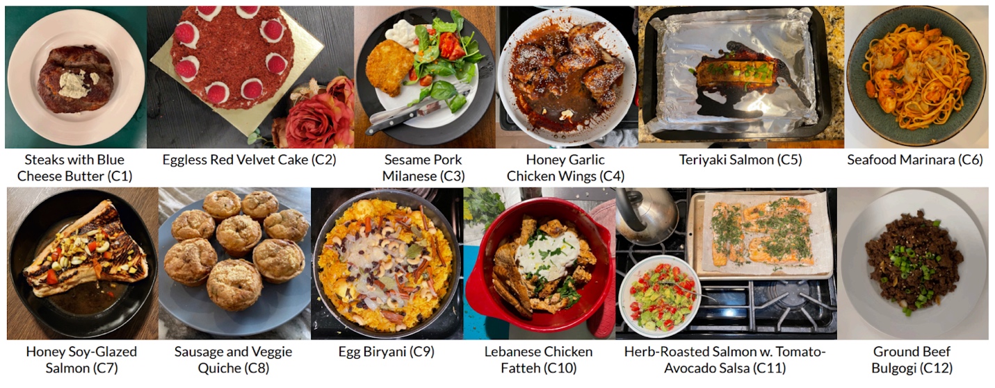 A collage of twelve pictures of various dishes with descriptions. In the first from left to right: Steaks with blue cheese butter; Eggless red velvet; Sesame pork Milanese;  Honey garlic chicken wings; Teriyaki salmon; and Seafood marinara. In the second row, from left to right: Honey-glazed salmon; Sausage and veggie quiche; Egg biryani; Lebanese chicken fatteh; Herb-roasted salmon with tomato avocado salsa; and Ground beef bulgogi. 