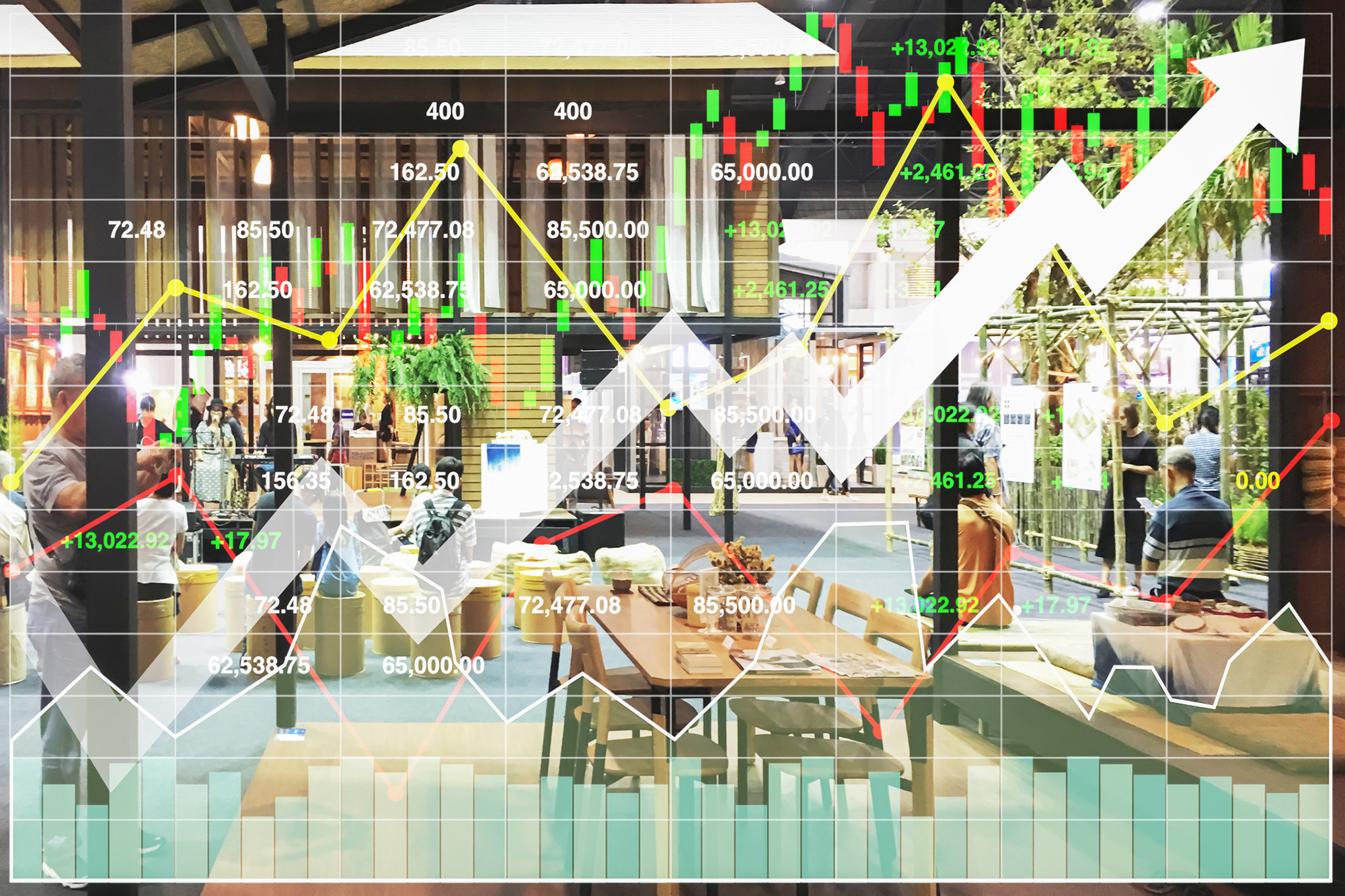 Stock market icons and daily life images.