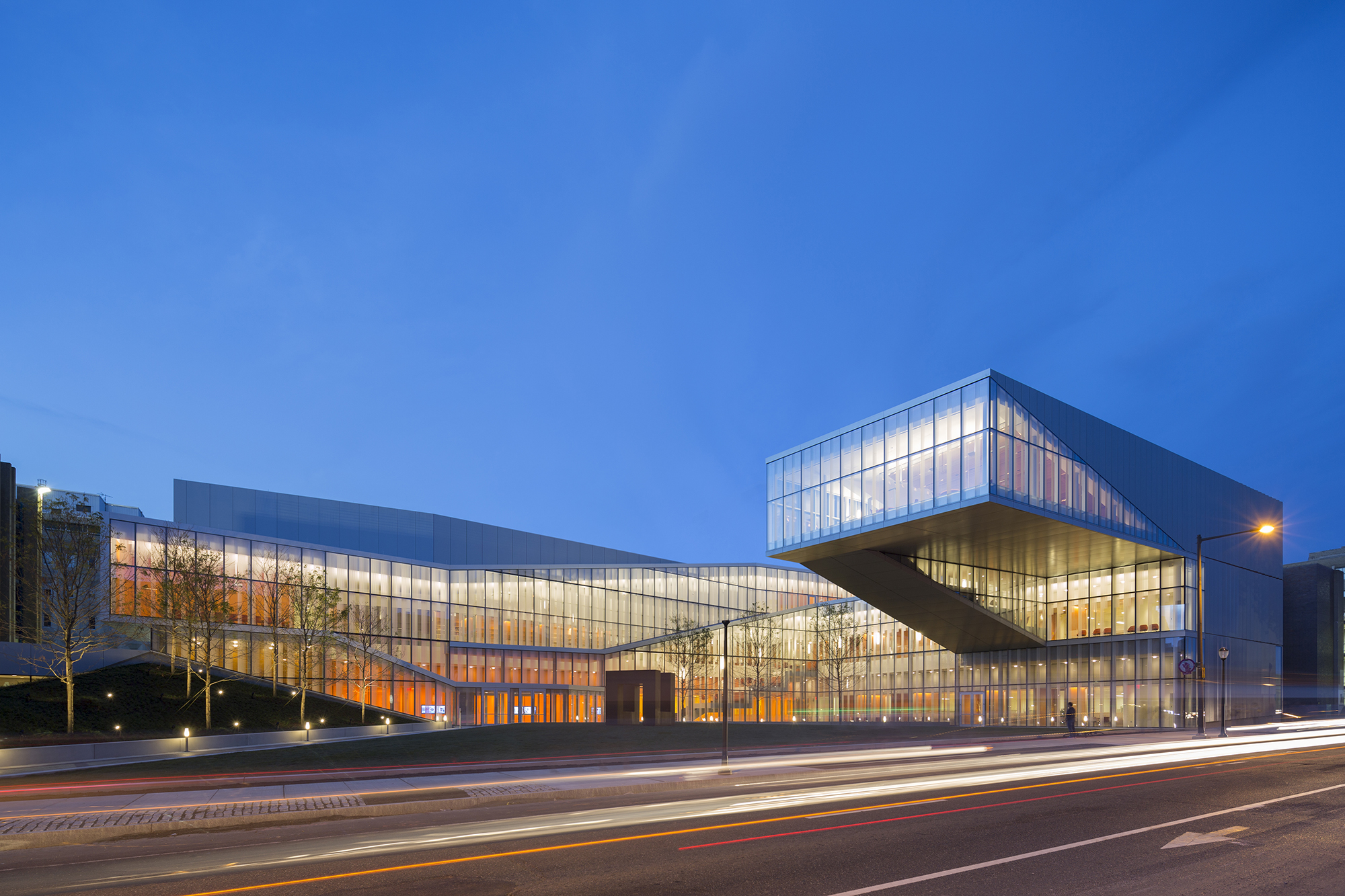 Exterior of Singh Center for Nanotechnology lit up at nighS