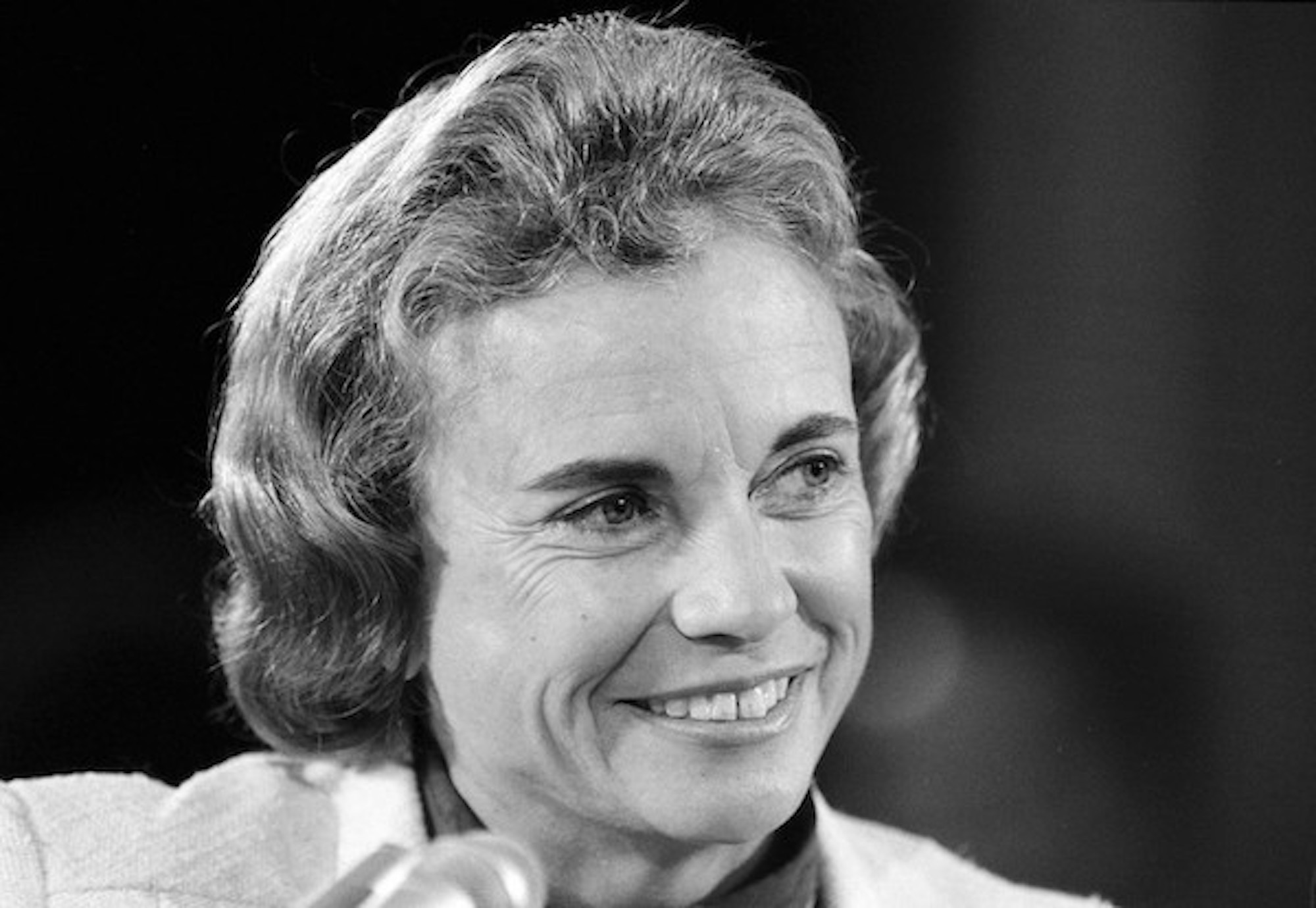 Black and white photo of Justice Sandra Day O'Connor from the 1980s.