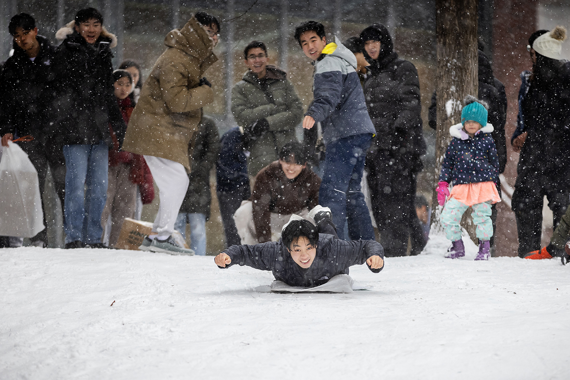 a student rides a sled on college green
