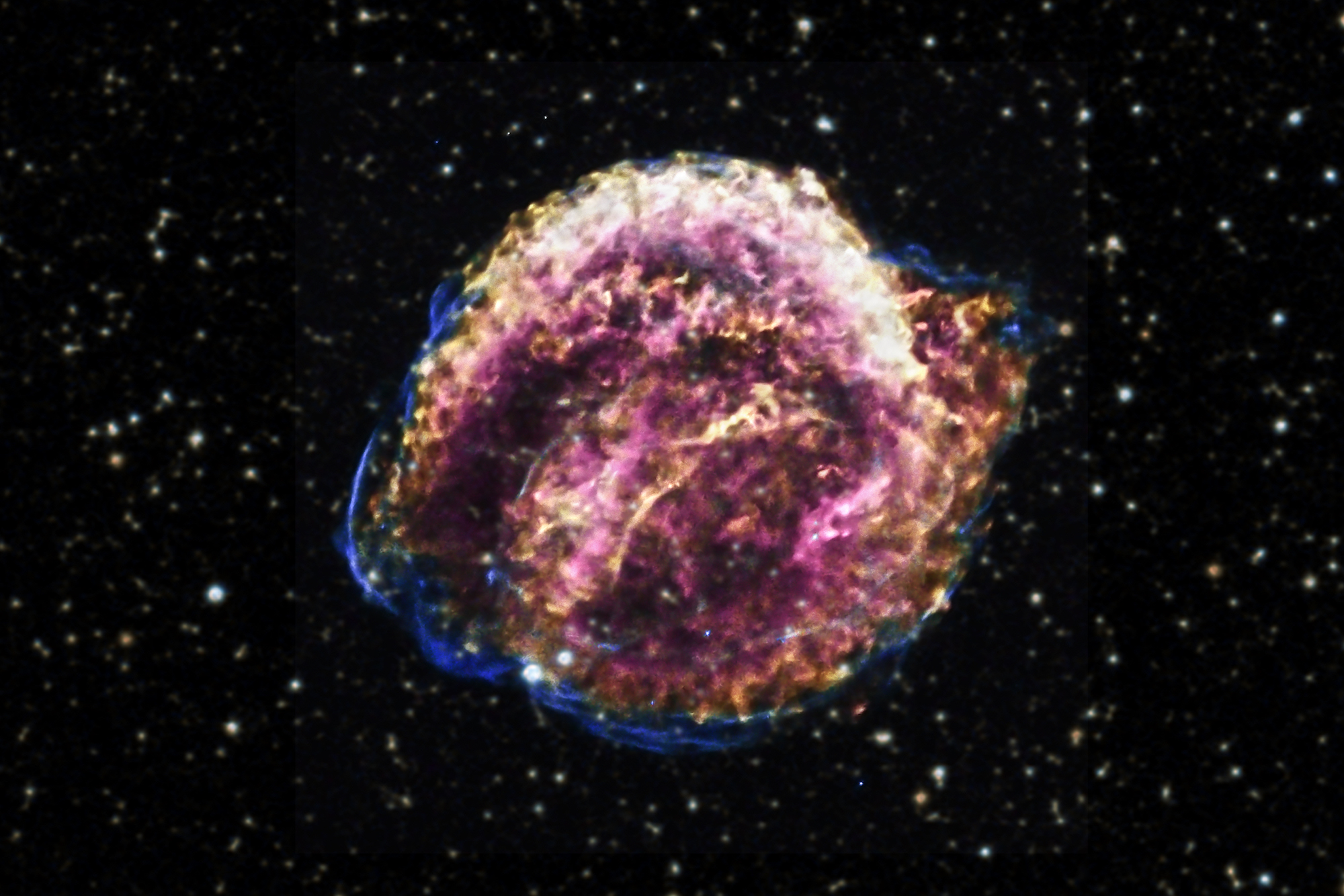 The image is a composite of Kepler's supernova remnant, showing a spherical cloud of debris in purple and pink X-ray wavelengths with a blue optical edge, set against a starry black space background.