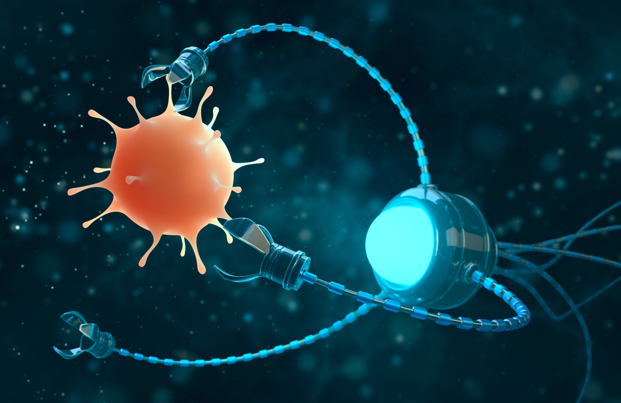 Medical concept in the field of nanotechnology, a nanobot studies or kills a virus. 3D rendering.