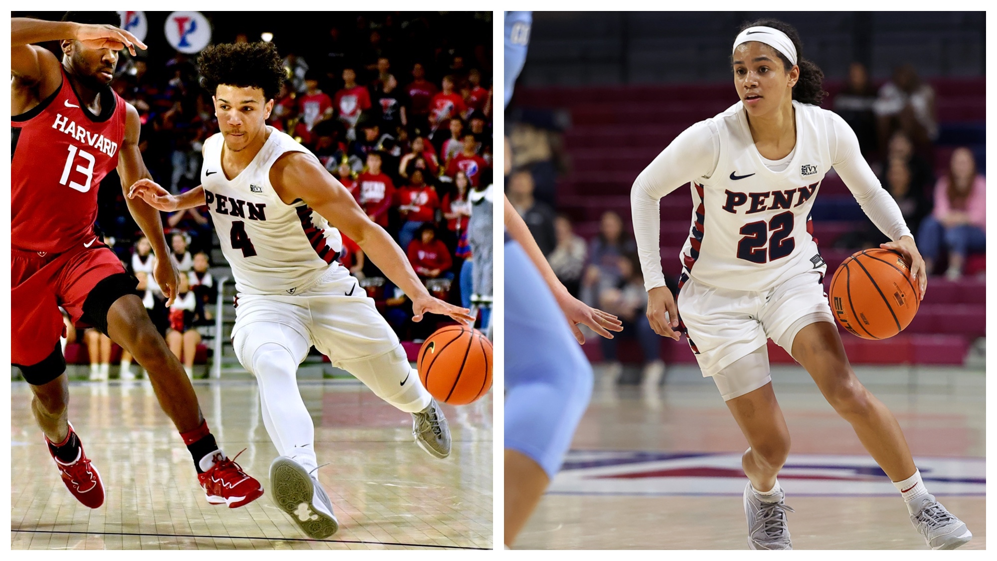 At left, Tyler Perkins dribbles to the basket against Harvard; at right, Mataya Gayle dribbles to the basket against Columbia.