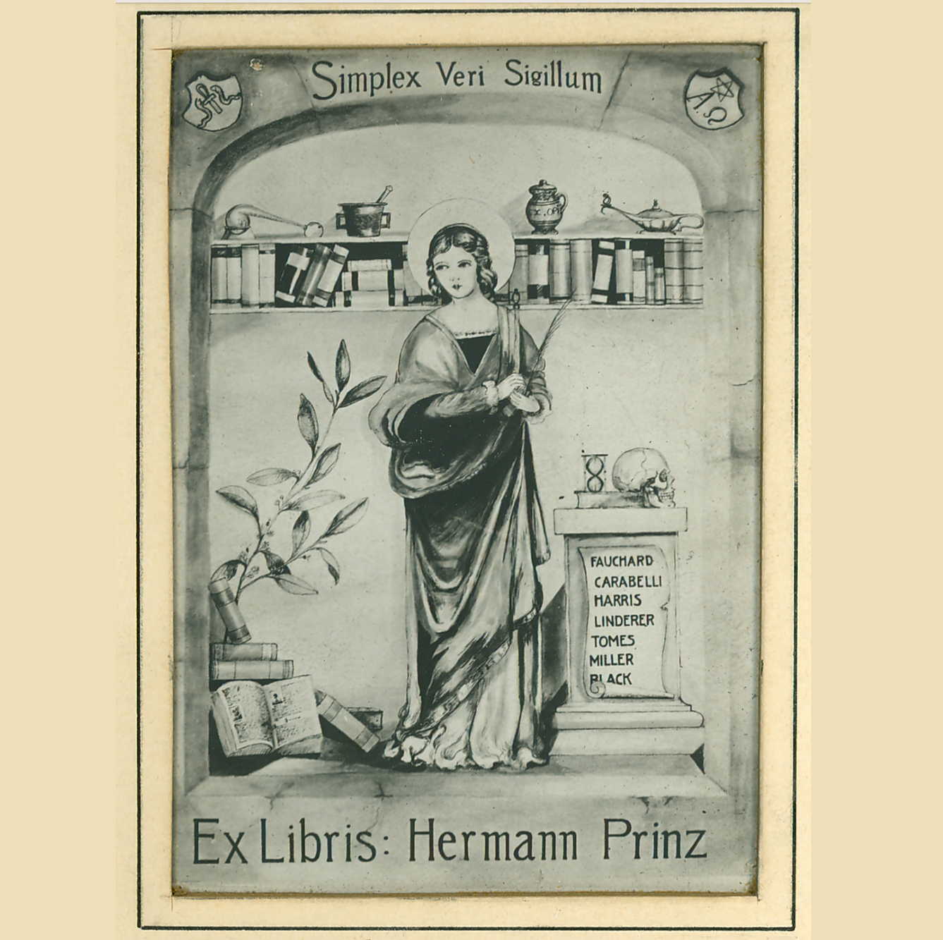 A bookplate ddepicting Saint Apollonia, patron saint of dentistry.