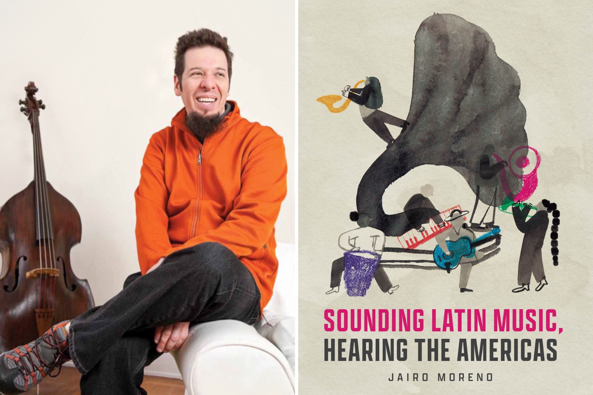Jairo Moreno sits with a cello at left, at right is the book cover “Sounding Latin Music, Hearing the Americas.”