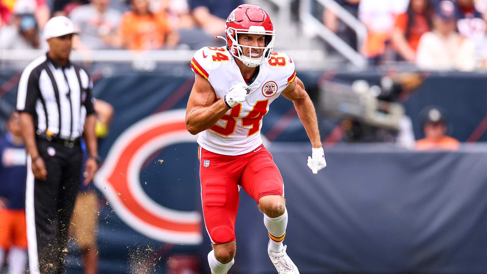 Justin Watson of the Kansas City Chiefs runs down the field during a game against the Chicago Bears.