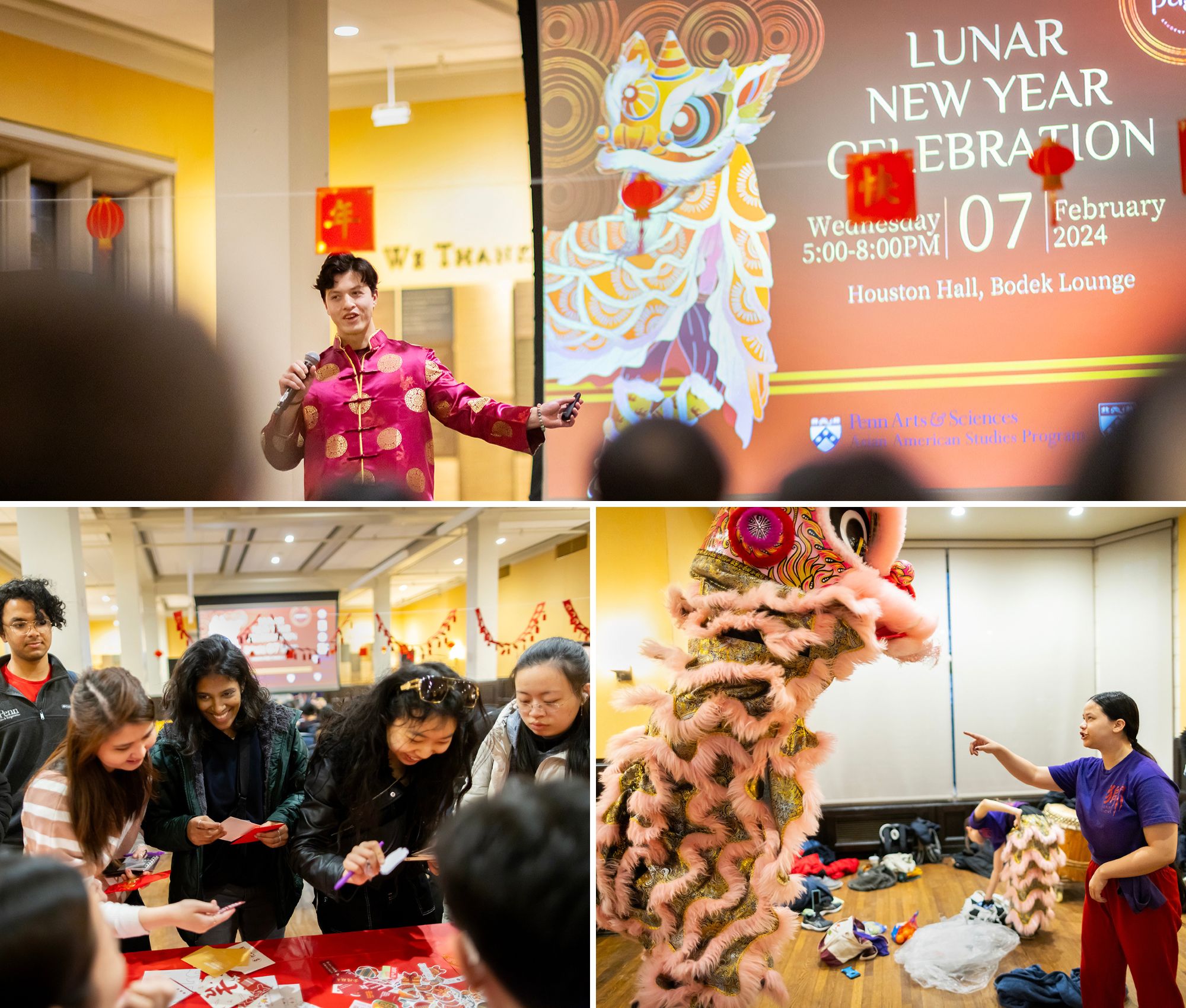 Top image: A person addressing the crowd at the celebration, bottom left: People gathered at a table getting freebies, bottom right: A celebrant and the dragon puppet.