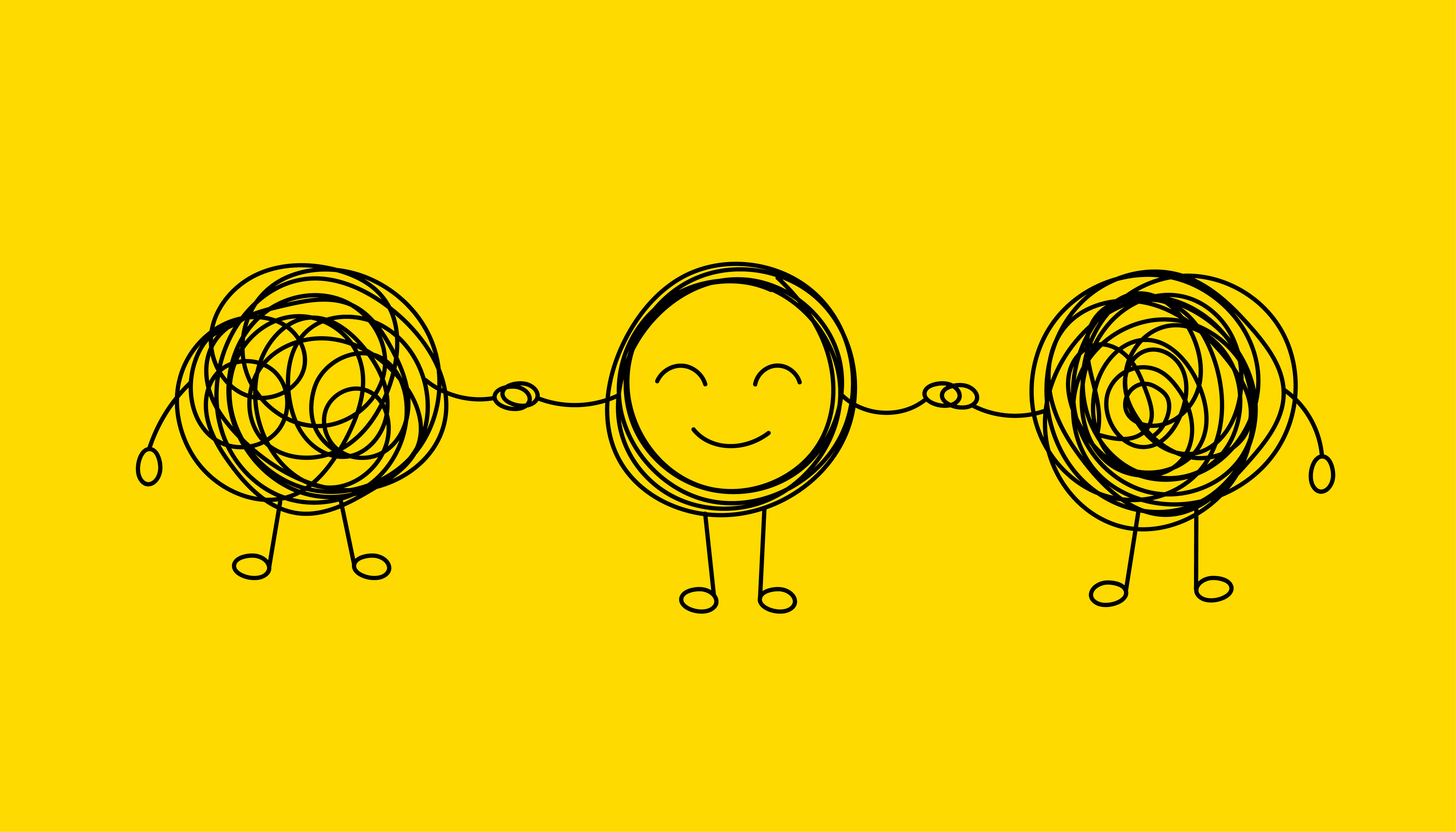A minimalist drawing of a smiling stick figure with arms extended, connecting two scribbled balls, against a yellow background.
