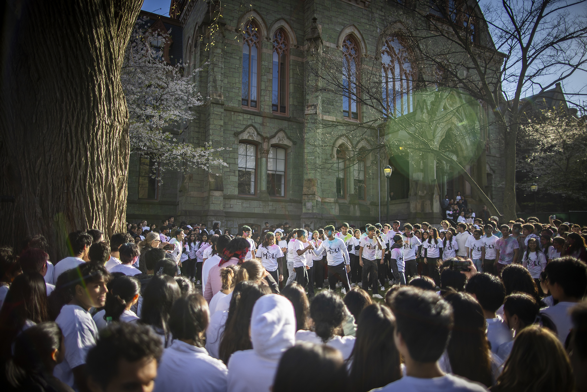 Penn students in front of College Hall to celebrate Holi.