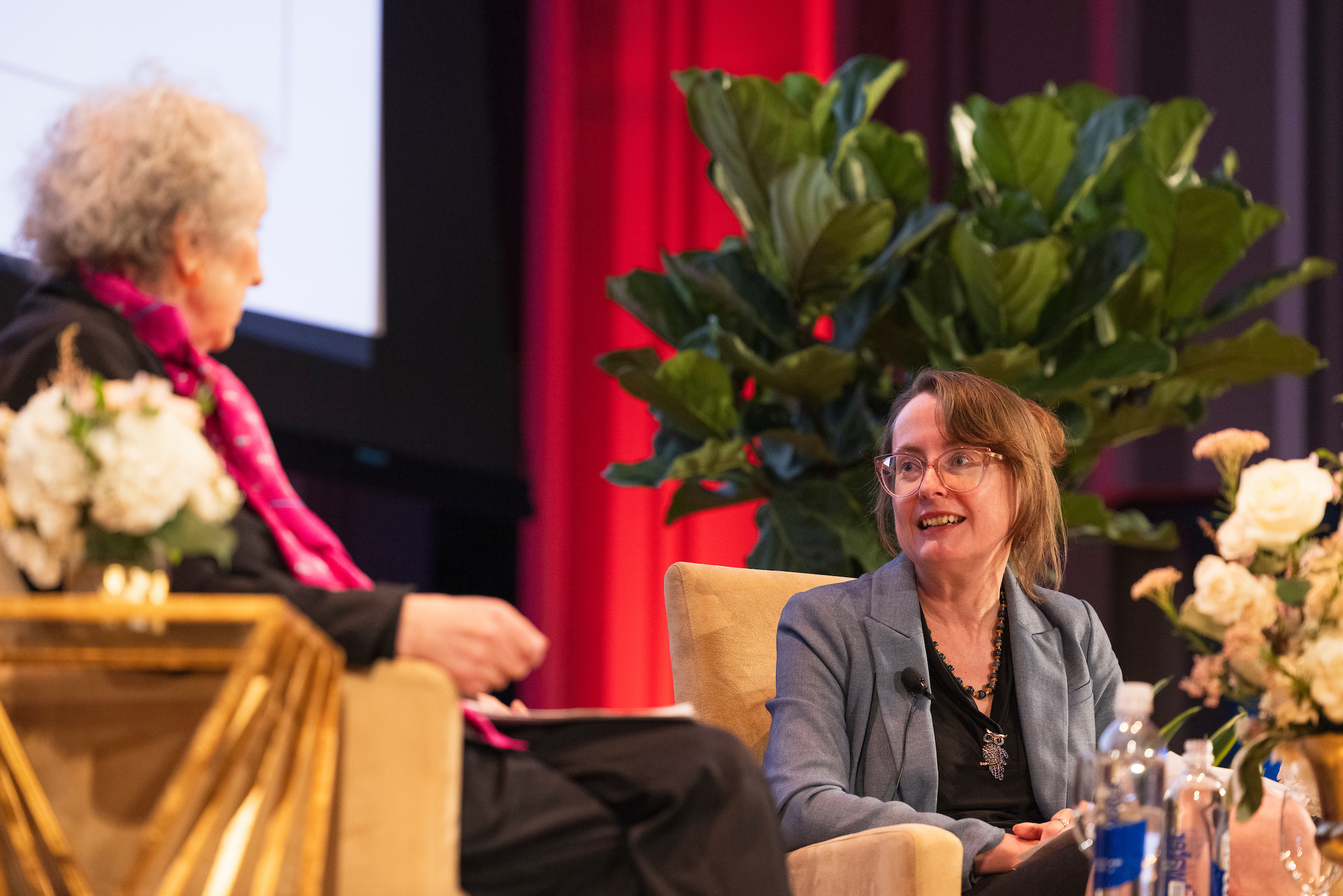 Emily Wilson speaking to Margaret Atwood on the stage