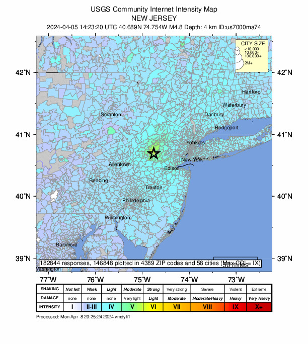 This map from the US Geological Survey shows how the April 5, 2024 earthquake impacted people in regions around Edison, New Jersey, the focal point (marked with a black star on the map)