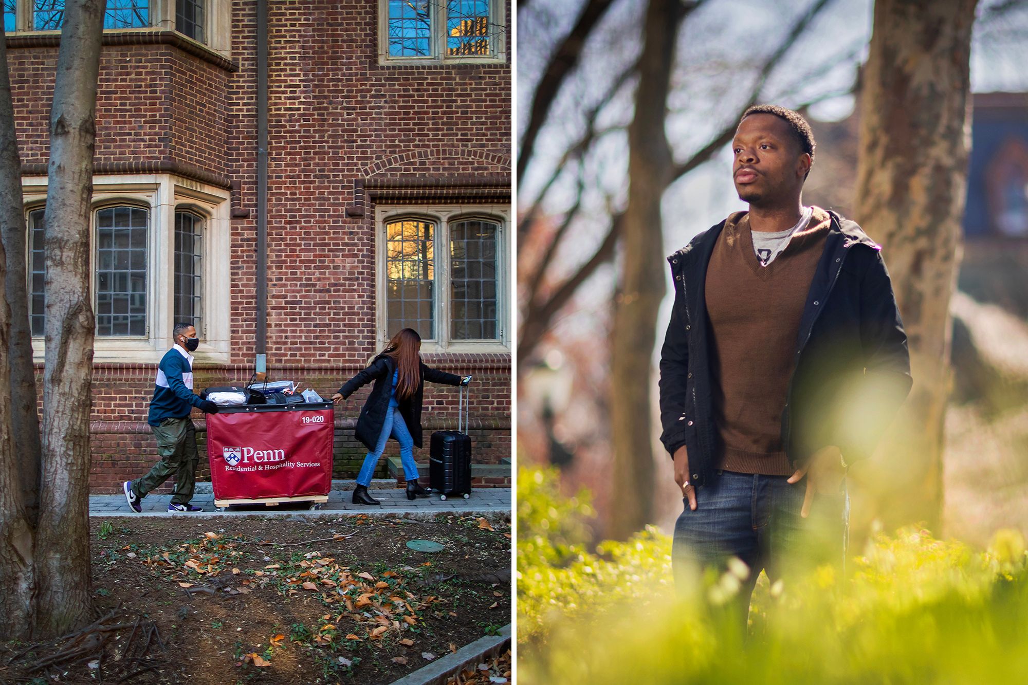 Babatomiwa Sofela pushing a move-in cart into a dorm with his sister in 2021, and on Penn’s College Green in 2024.