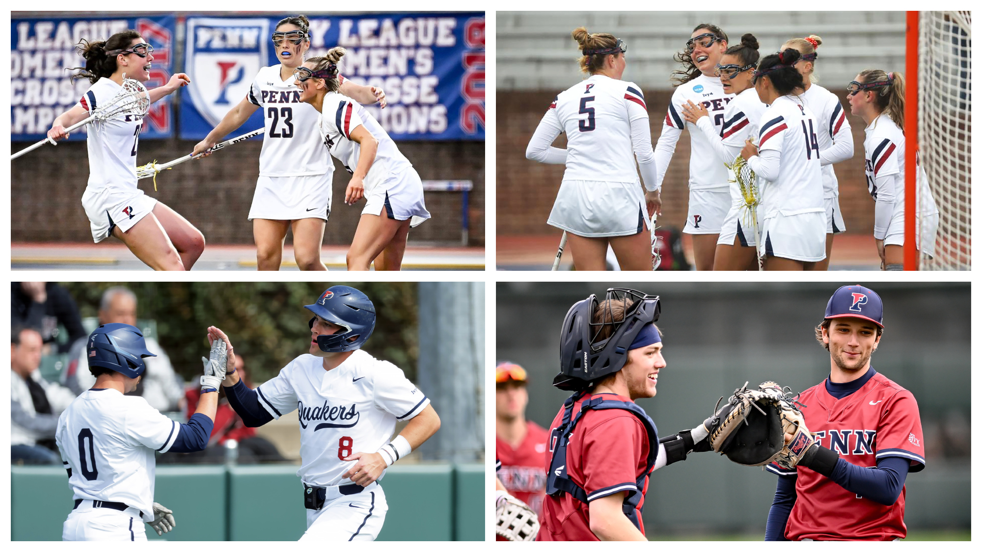A collage showing lacrosse players celegrating and baseball players high-fiving.