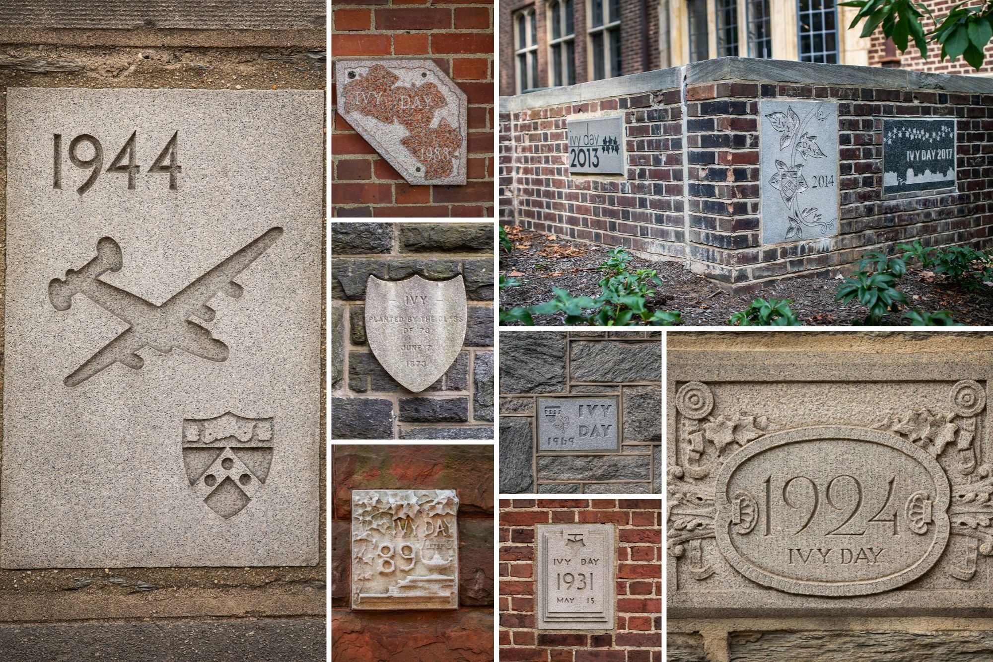 A composite of different photos showing Ivy Stones on Penn's campus from various years.