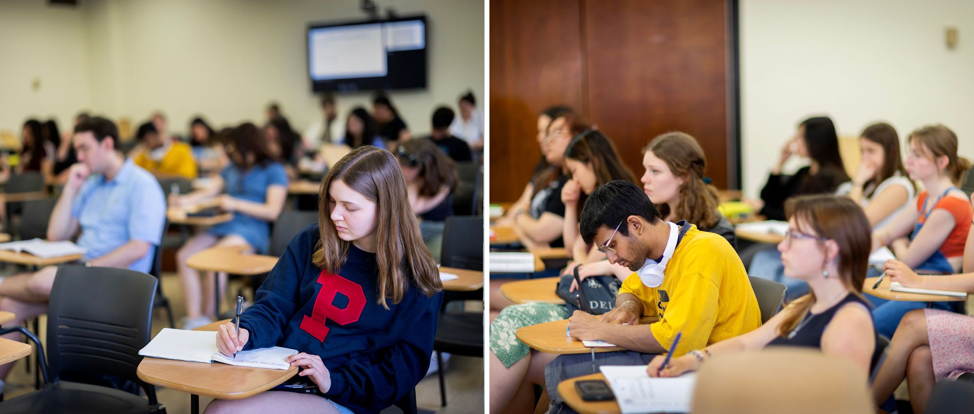 Two images of students writing with pen and paper in Jennifer Egan’s English class.