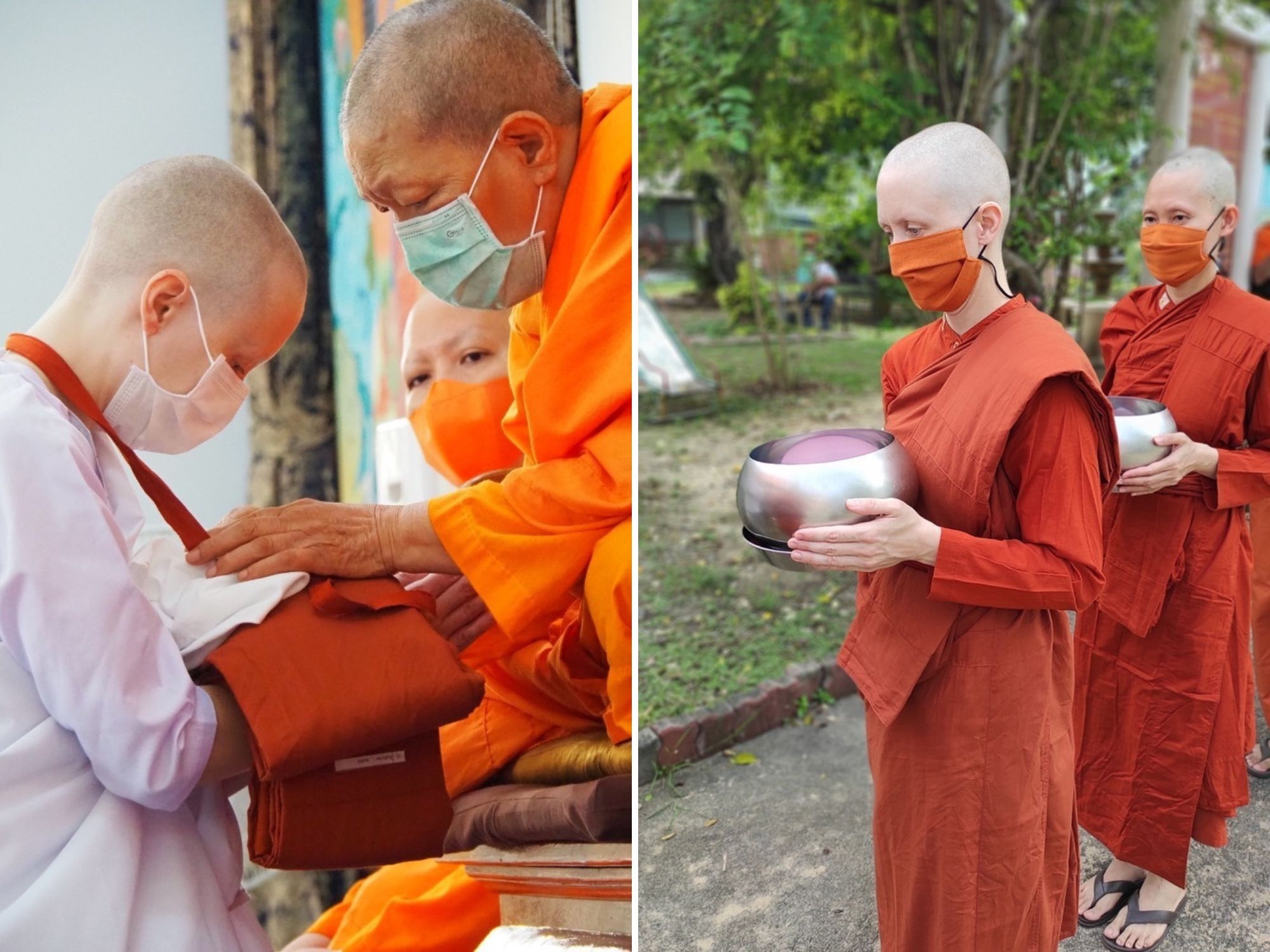 Two photos side by side show Katherine Scahill receiving orange monk robes from Venerable Dhammananda in a Thai Buddhist monastery for women. The second image shows Scahill wearing the orange robes, and orange face mask and carrying a metal bowl outdoors walking in a line.. 
