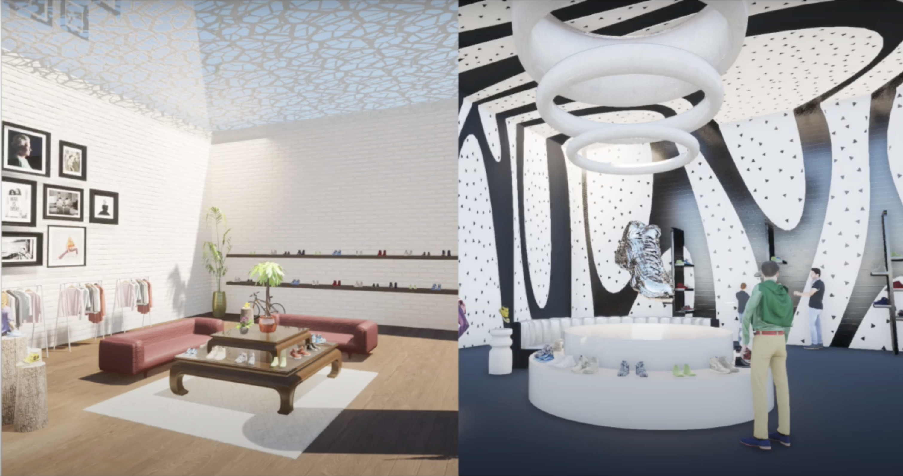 Side-by-side images of shoe store designs representing hominess and fascination.