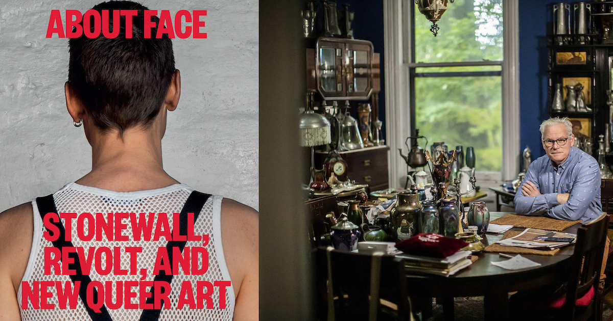 Two side-by-side images. On the left: a book cover of About Face: Stonewall, Revolt and New Queer Art. On the left, Jonathan D. Katz in his living room.