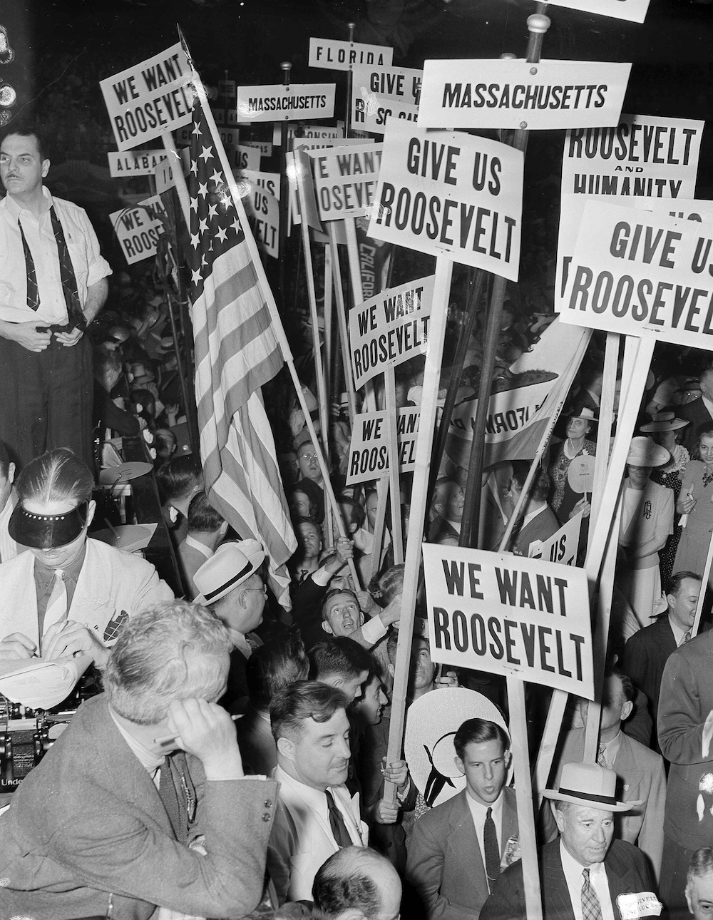 Demonstrators hold We Want Roosevelt signs at the Democratic National Convention in 1940.