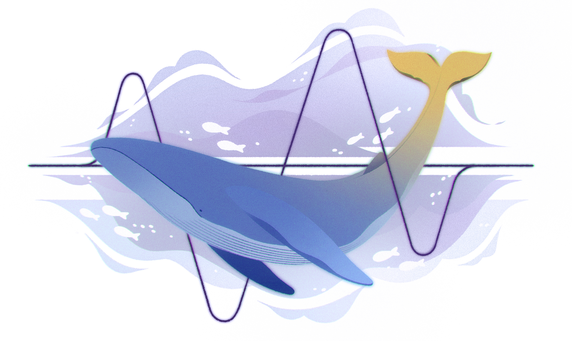 An illustration of a whale swimming among sound waves.