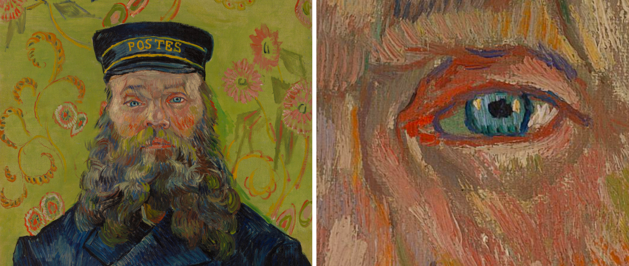Vincent Van Gogh's The Postman, full-scale and zoomed-in.