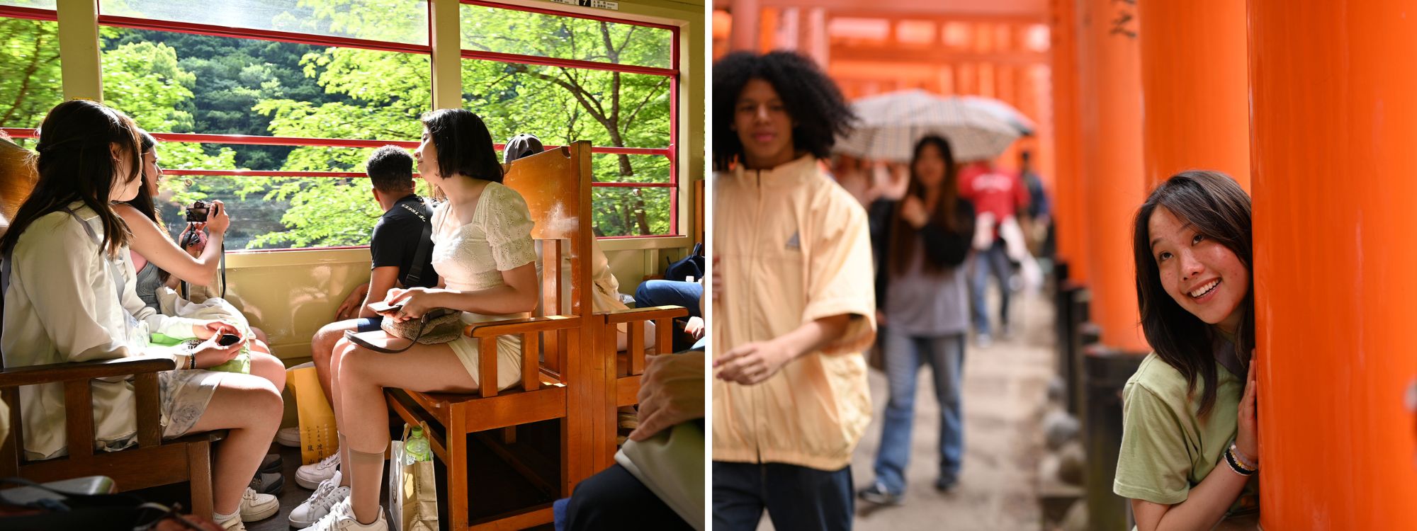 Left: Penn students on a train in Japan. Right: Penn students under a portico in Japan.