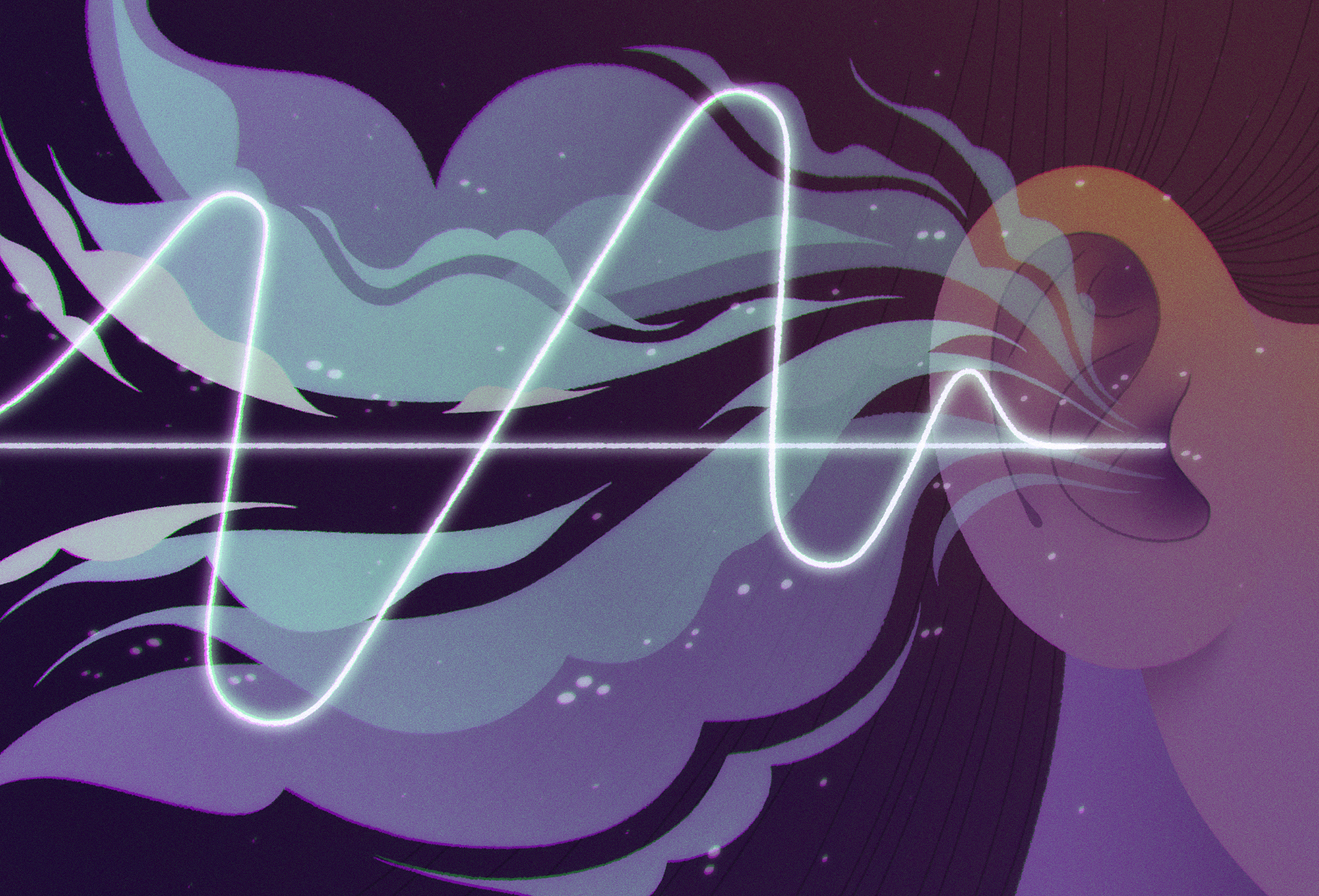 An illustration of sound waves flowing from a person’s ear.