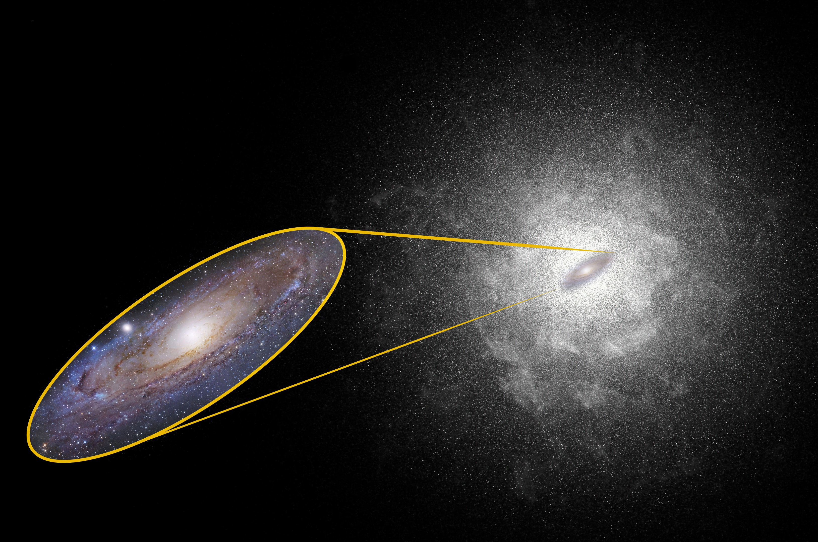 artist's concept of the Andromeda galaxy's stellar halo, depicted with exaggerated brightness and density, highlighting the extent of this faint and loosely connected collection of stars that surrounds the galaxy.