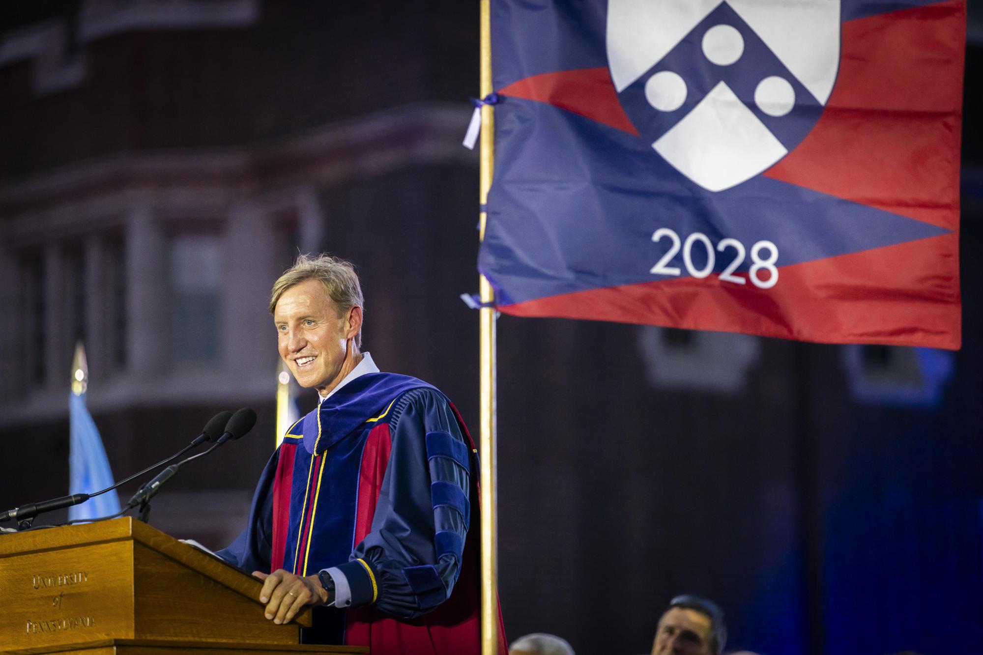 Penn President J. Larry Jameson at the podium at the Convocation for the Class of 2028.