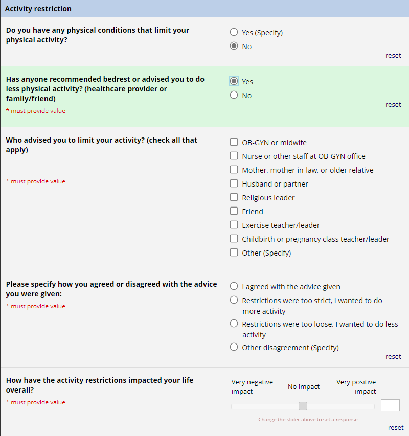 Survey on activity during pregnancy