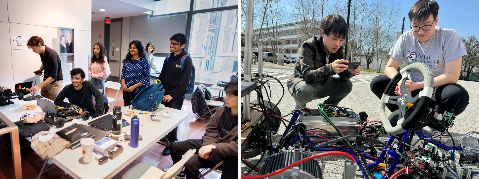 Left: students in the lab working on a computer; right: students in the parking lot working on the racecar.