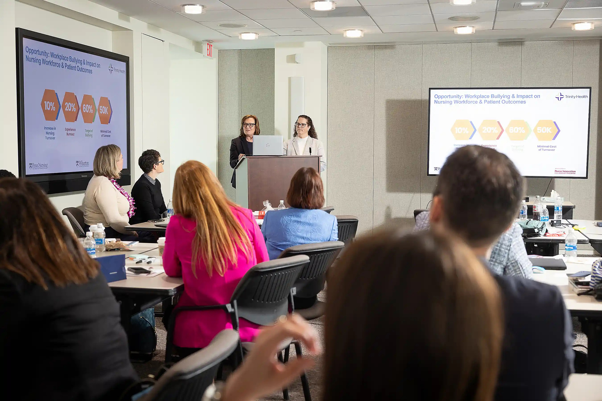 Members of the first cohort of the Nurse Innovation Fellowship Program by Johnson & Johnson in a classroom.