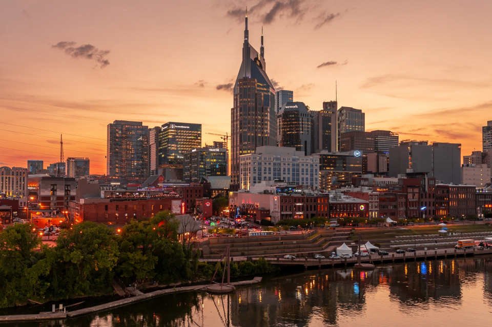 Downtown Nashville at dusk.