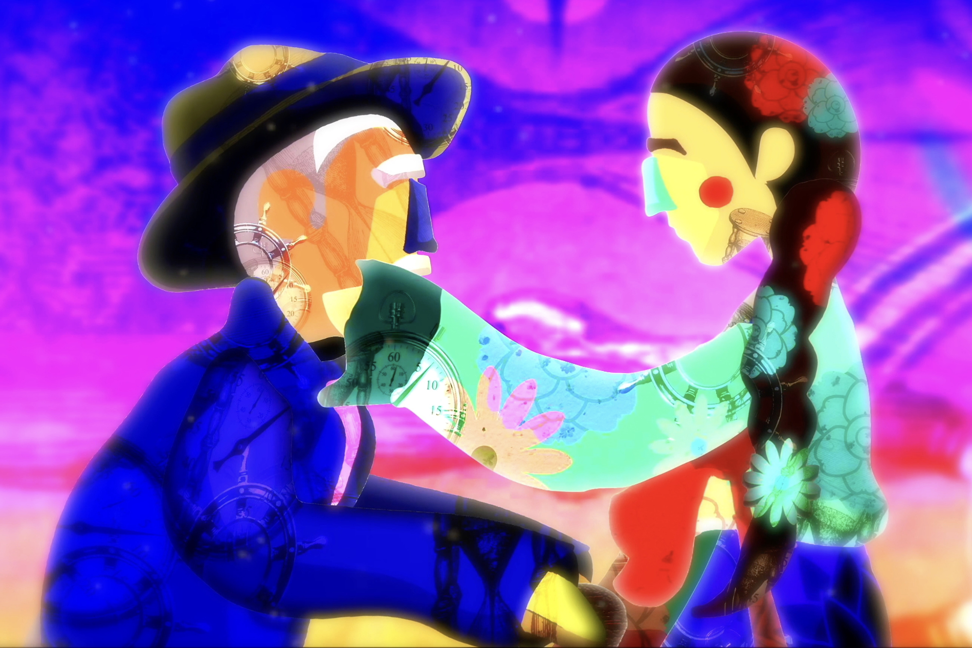 Cartoon-stylized person compassionately touching an elderly person's face. 